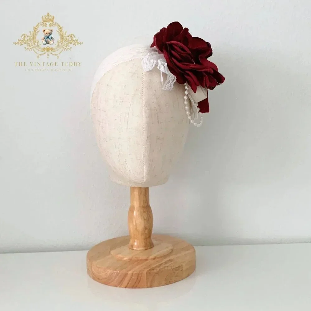 NWT Pretty Vintage Inspired Girls Headband Floral Beaded Lace Crimson Red OS